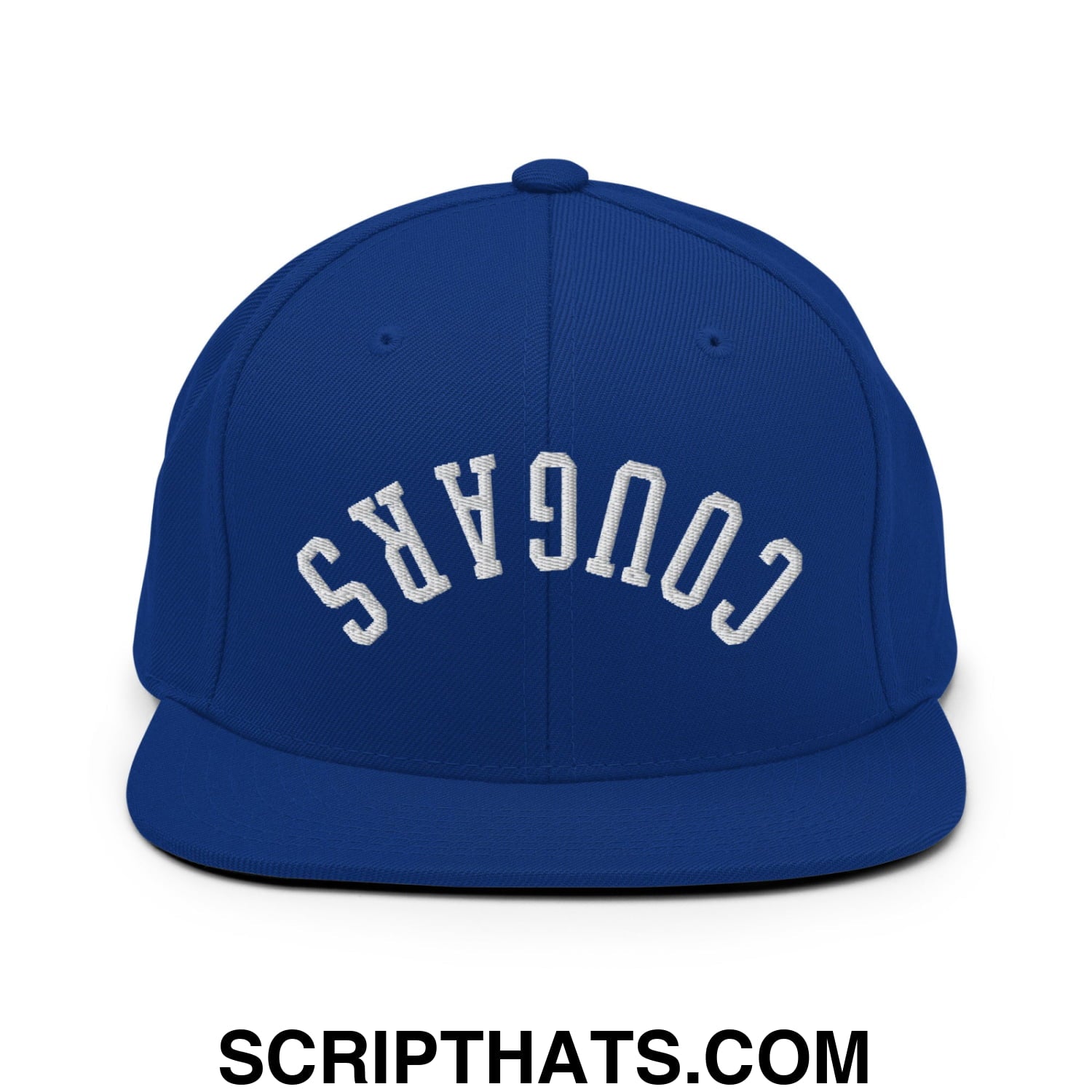 Royal blue snapback hat with white embroidered cougars lettering and flat bill brim for casual wear