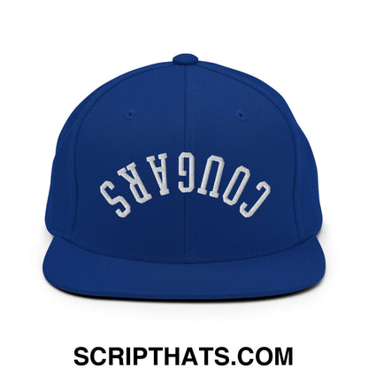 Royal blue snapback hat with white embroidered cougars lettering and flat bill brim for casual wear