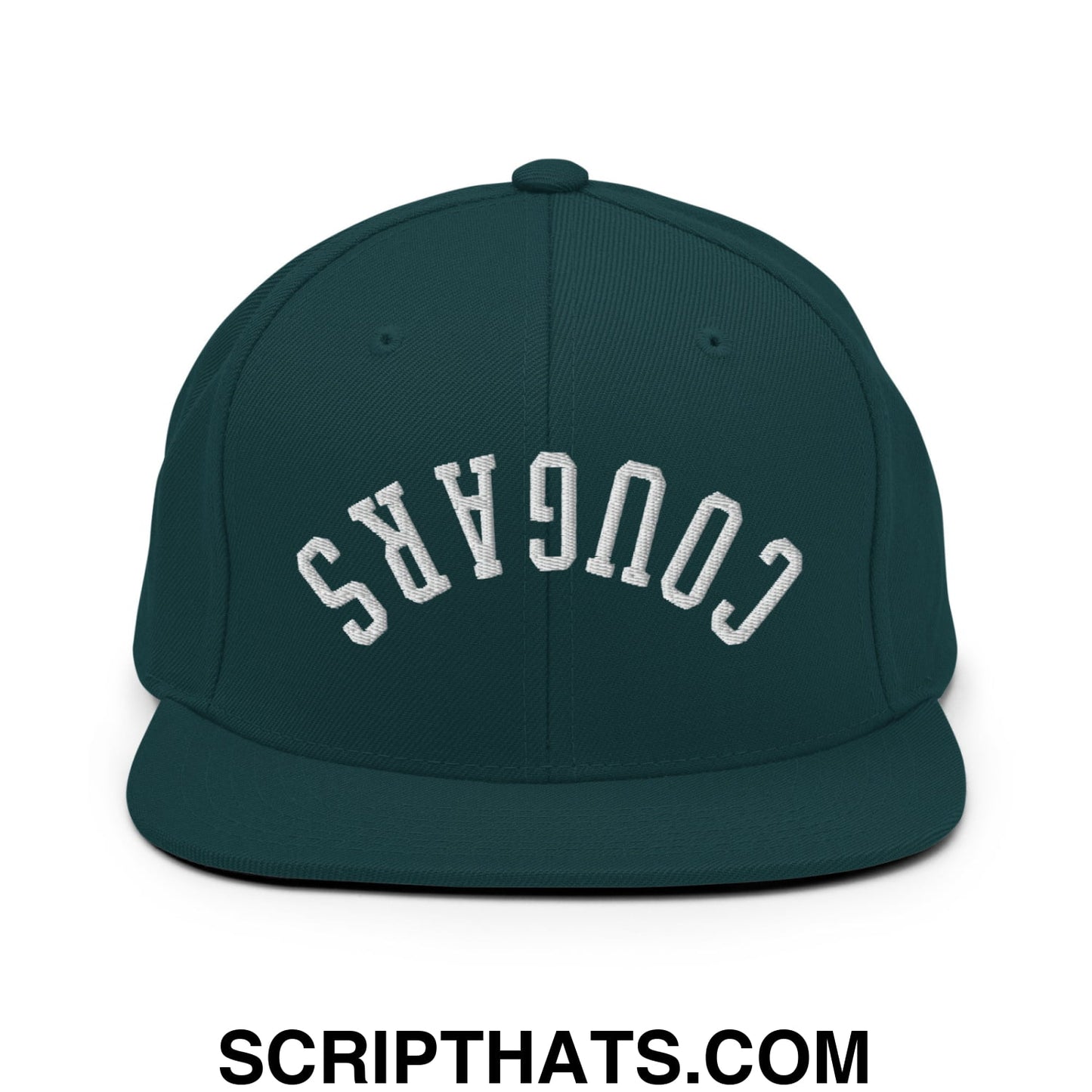 Dark green snapback cap with white embroidered cougars lettering and flat bill brim perfect for casual wear
