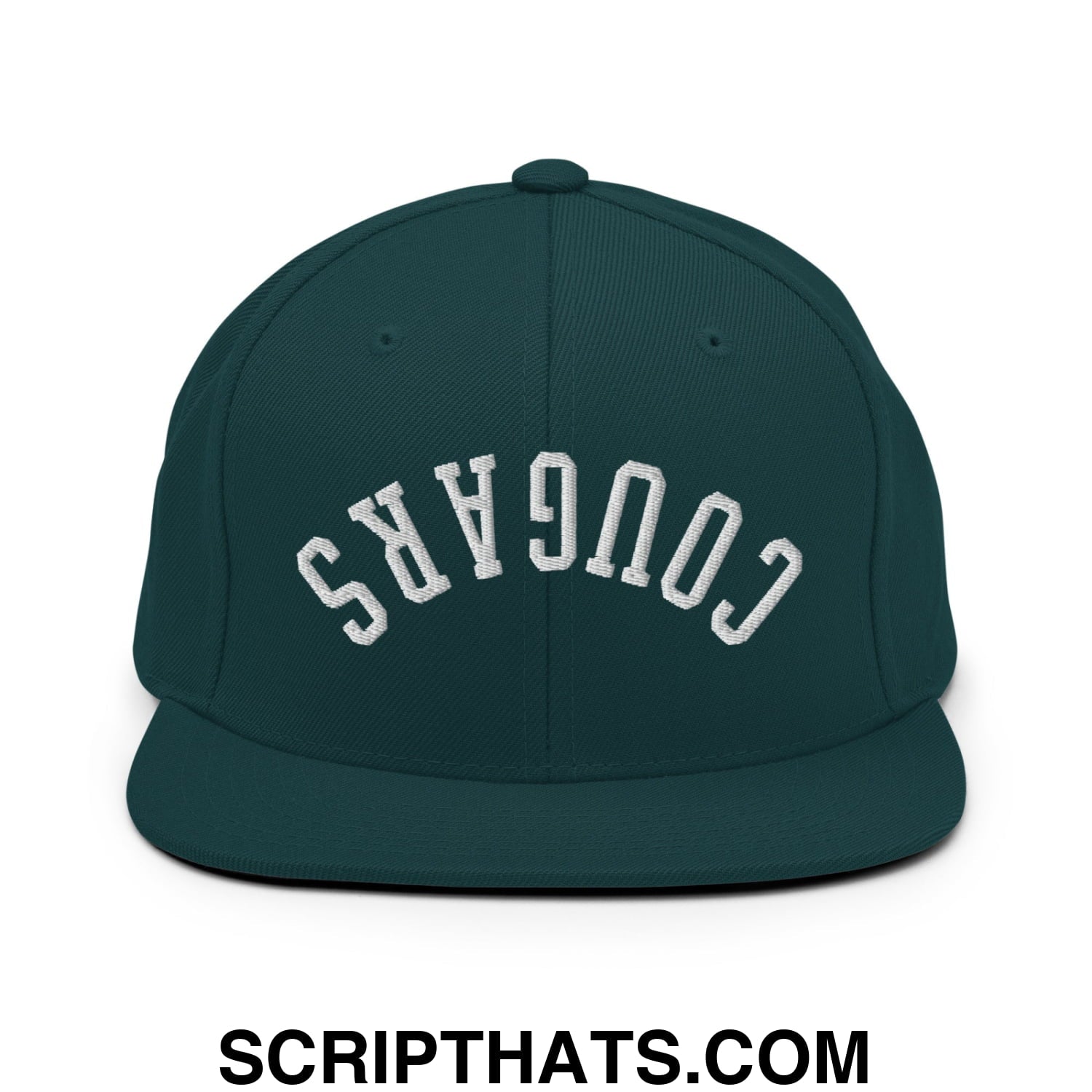 Dark green snapback cap with white embroidered cougars lettering and flat bill brim perfect for casual wear