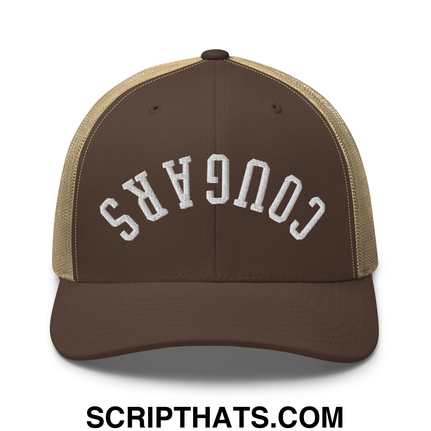 Brown and tan mesh trucker hat with white embroidered cougars lettering on front titled upside down cougars embroidered mesh trucker hat