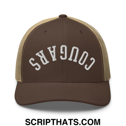 Brown and tan mesh trucker hat with white embroidered cougars lettering on front titled upside down cougars embroidered mesh trucker hat