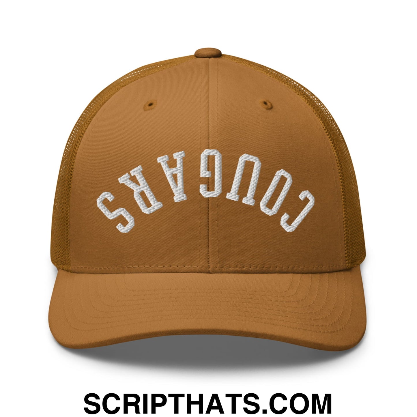Tan mesh trucker hat with white embroidered cougars lettering on front in upside down cougars design