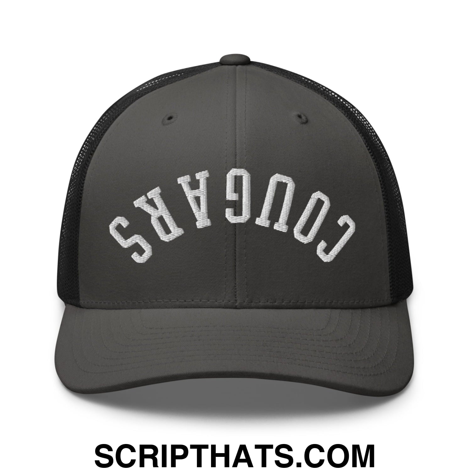 Dark gray mesh trucker hat with white embroidered cougars lettering in an arched design upside down style