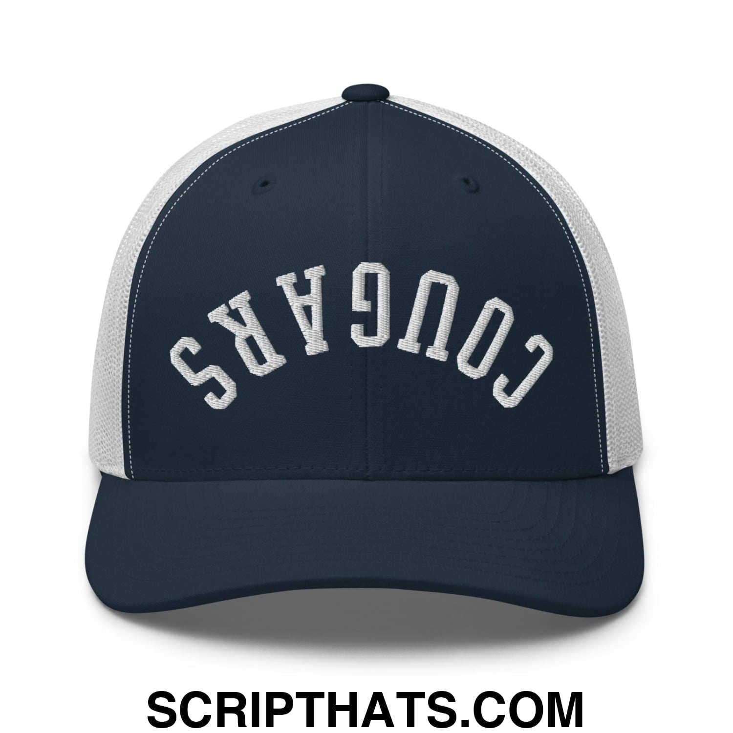 Navy blue and white mesh trucker hat with cougars embroidered in arched lettering on the front panel