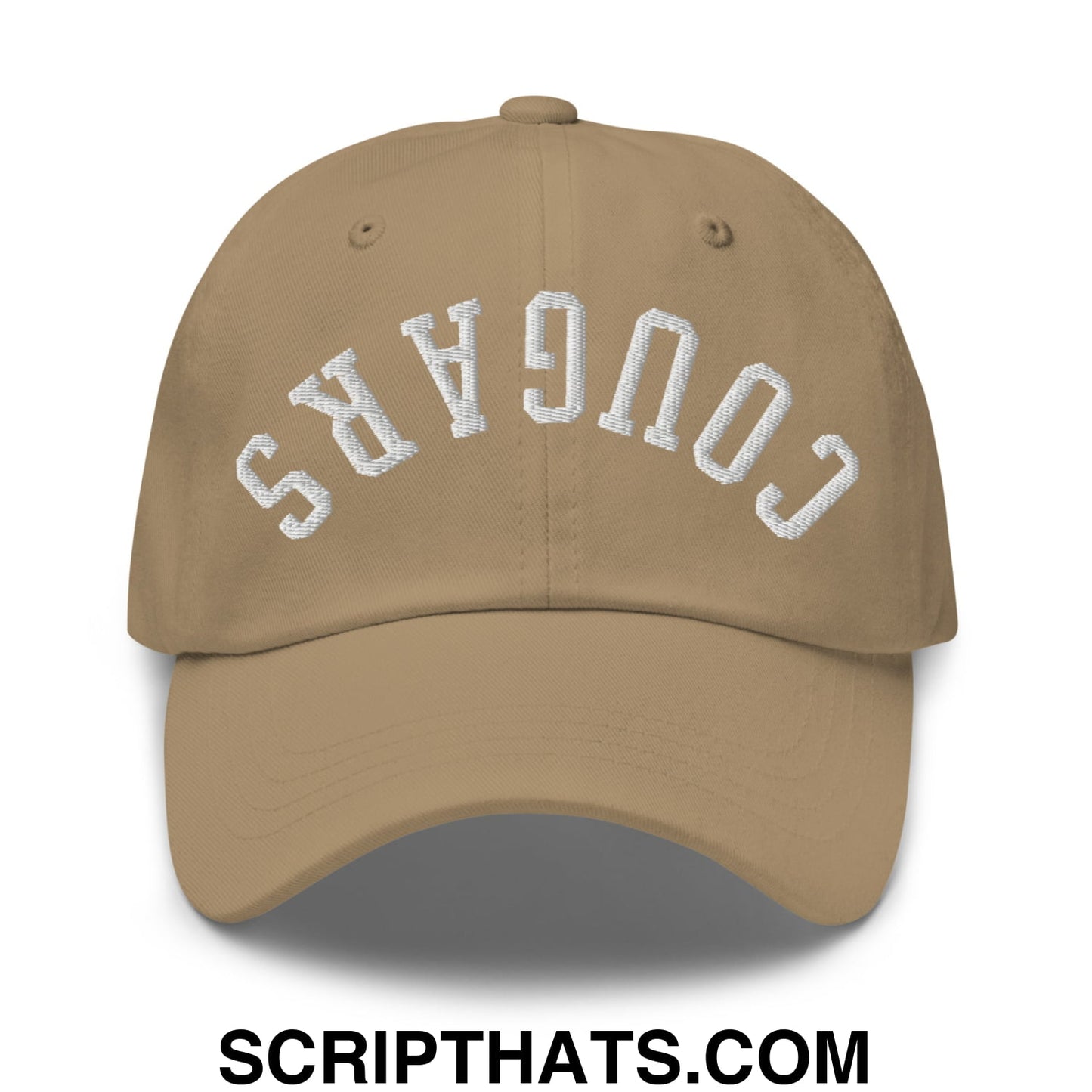 Tan unstructured dad hat with white arched cougars embroidery featuring an upside down design