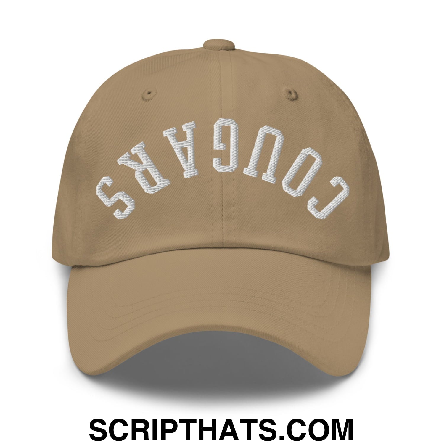 Tan unstructured dad hat with white arched cougars embroidery featuring an upside down design