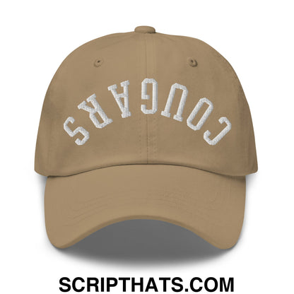 Tan unstructured dad hat with white arched cougars embroidery featuring an upside down design