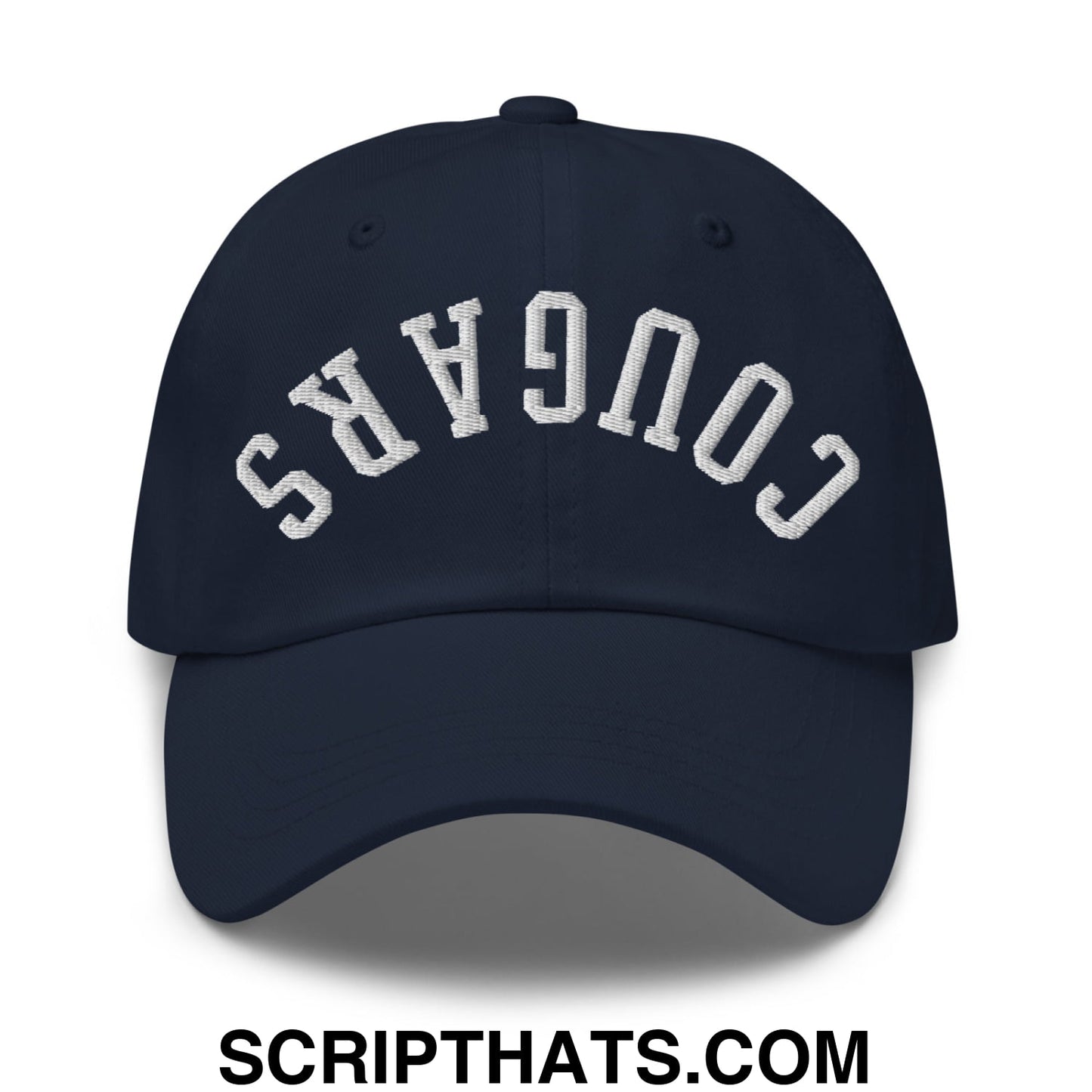 Navy blue unstructured dad hat with white embroidered cougars lettering in an arched design