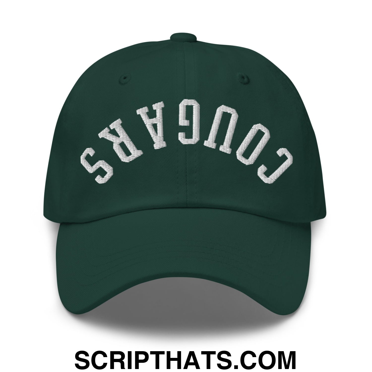 Dark green unstructured dad hat with white embroidered cougars lettering in an arched design