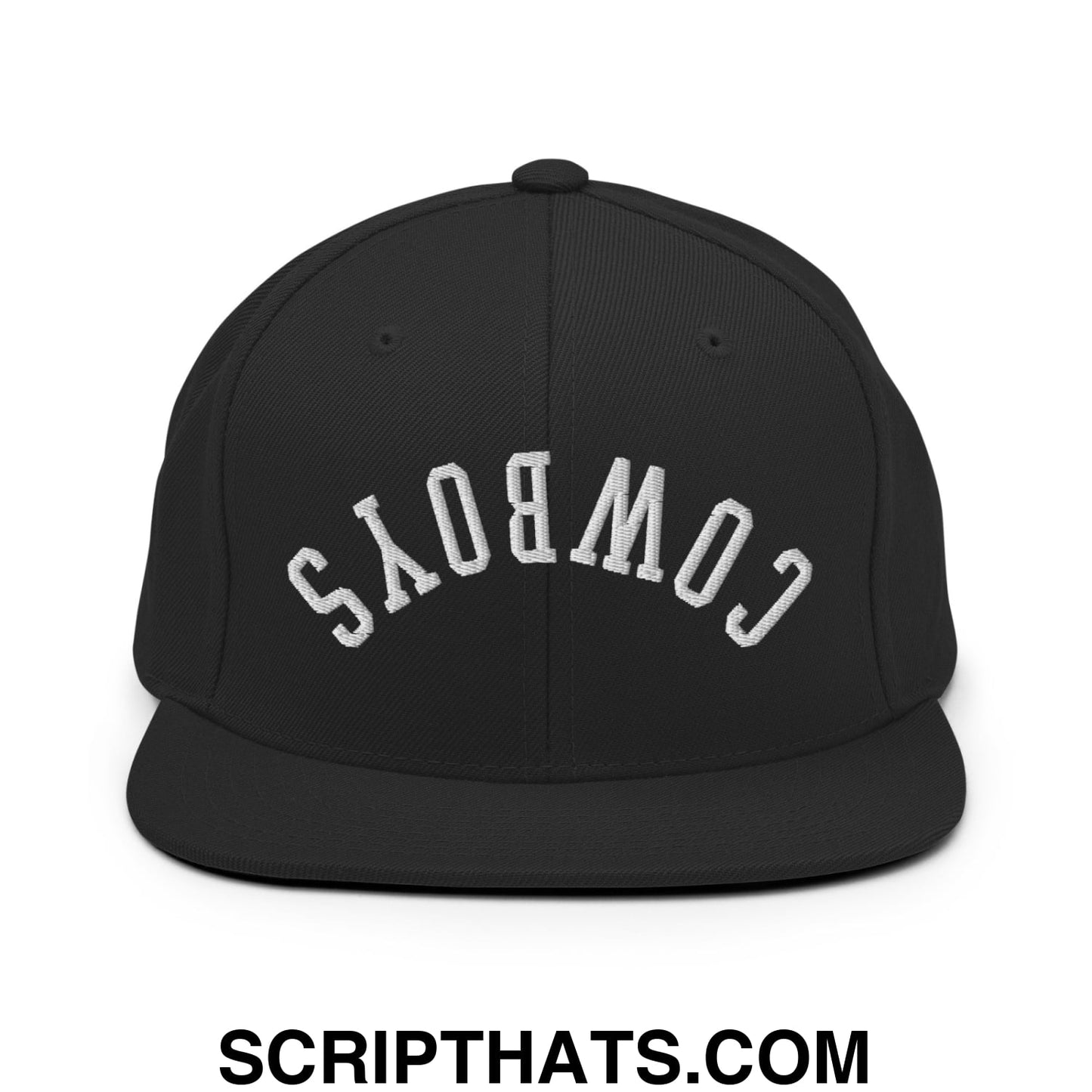 Black snapback cap with white embroidered upside down cowboys lettering and flat bill brim for casual wear