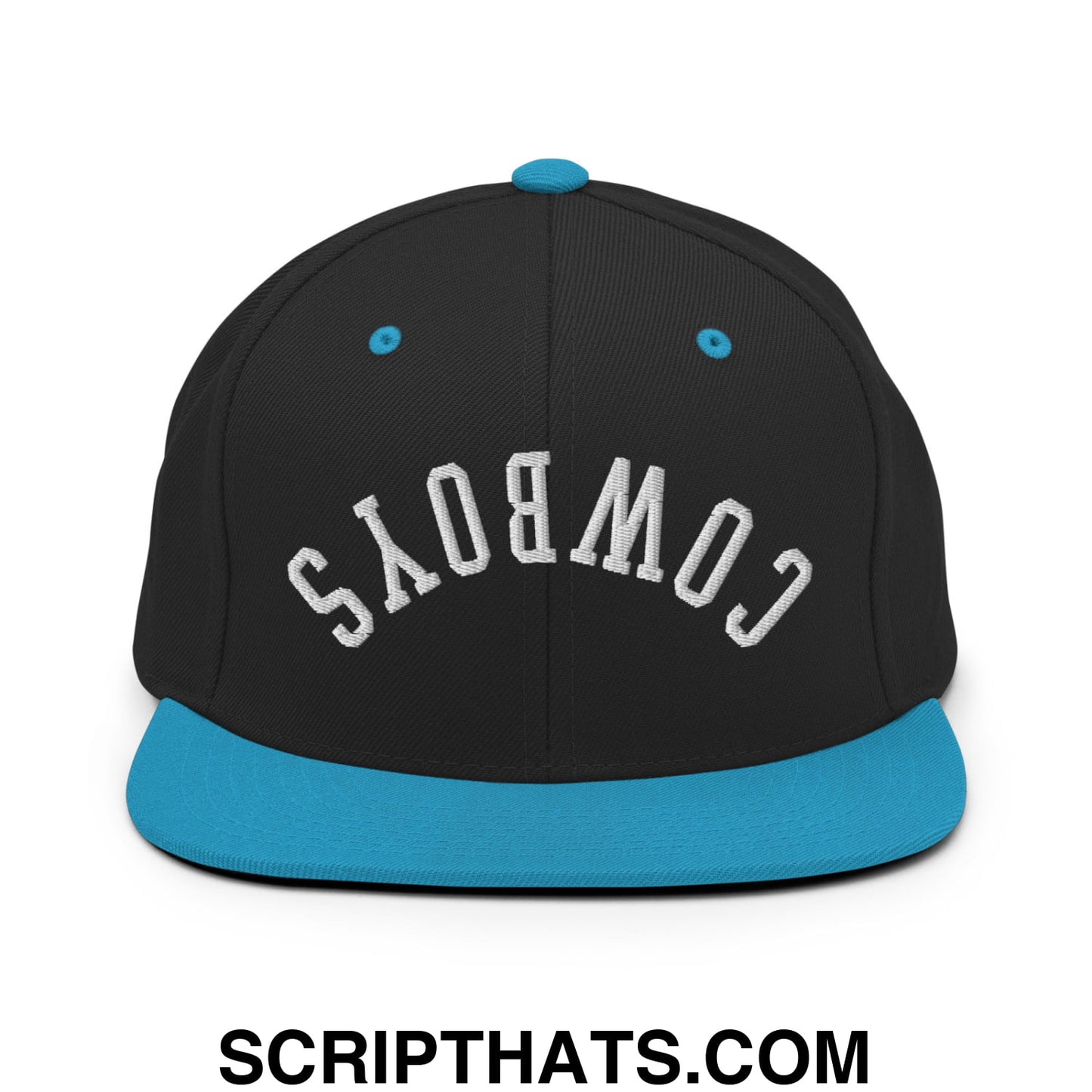 Black snapback cap with teal flat bill and button featuring white embroidered cowboys logo on front