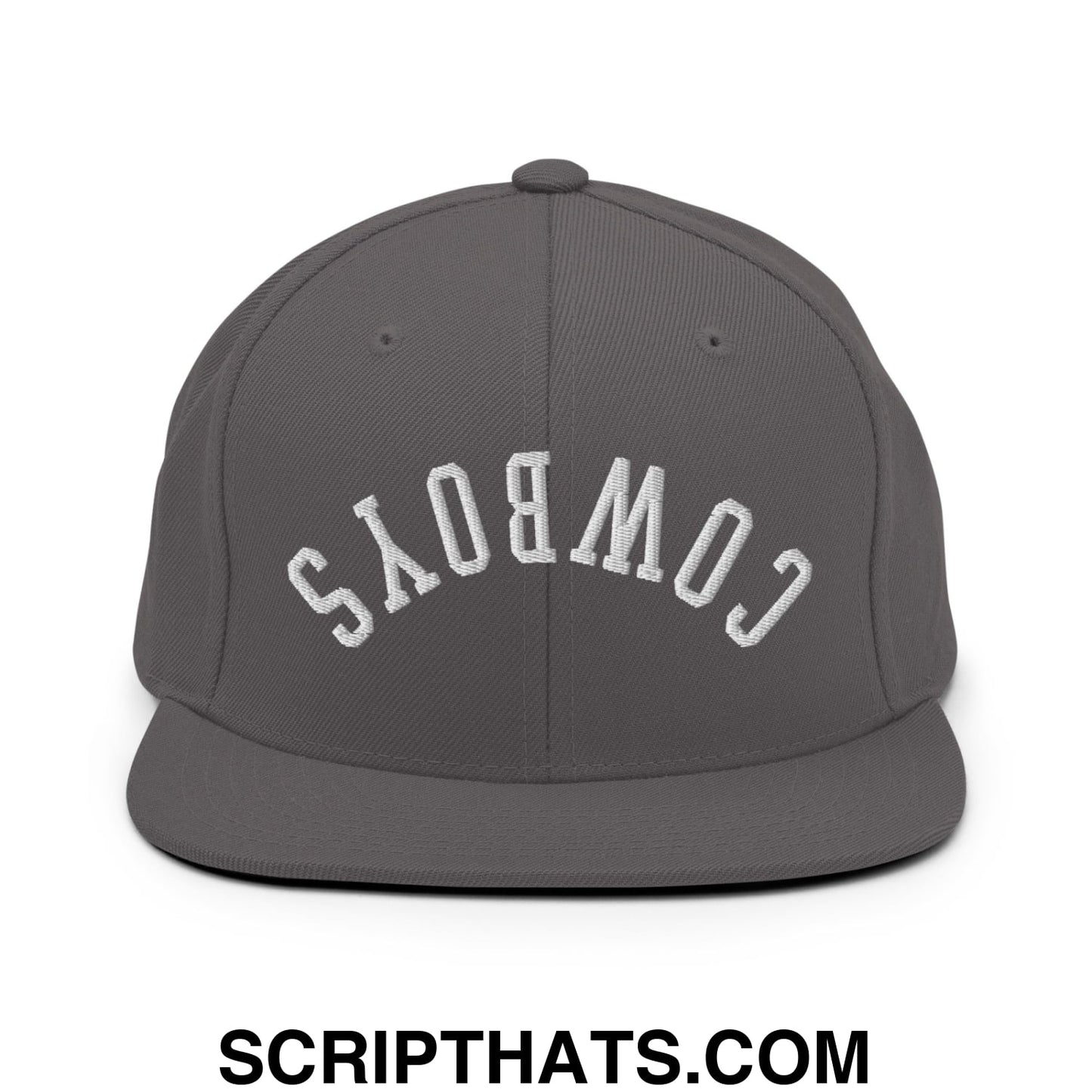 Gray snapback hat with upside down white embroidered cowboys lettering and flat bill brim design