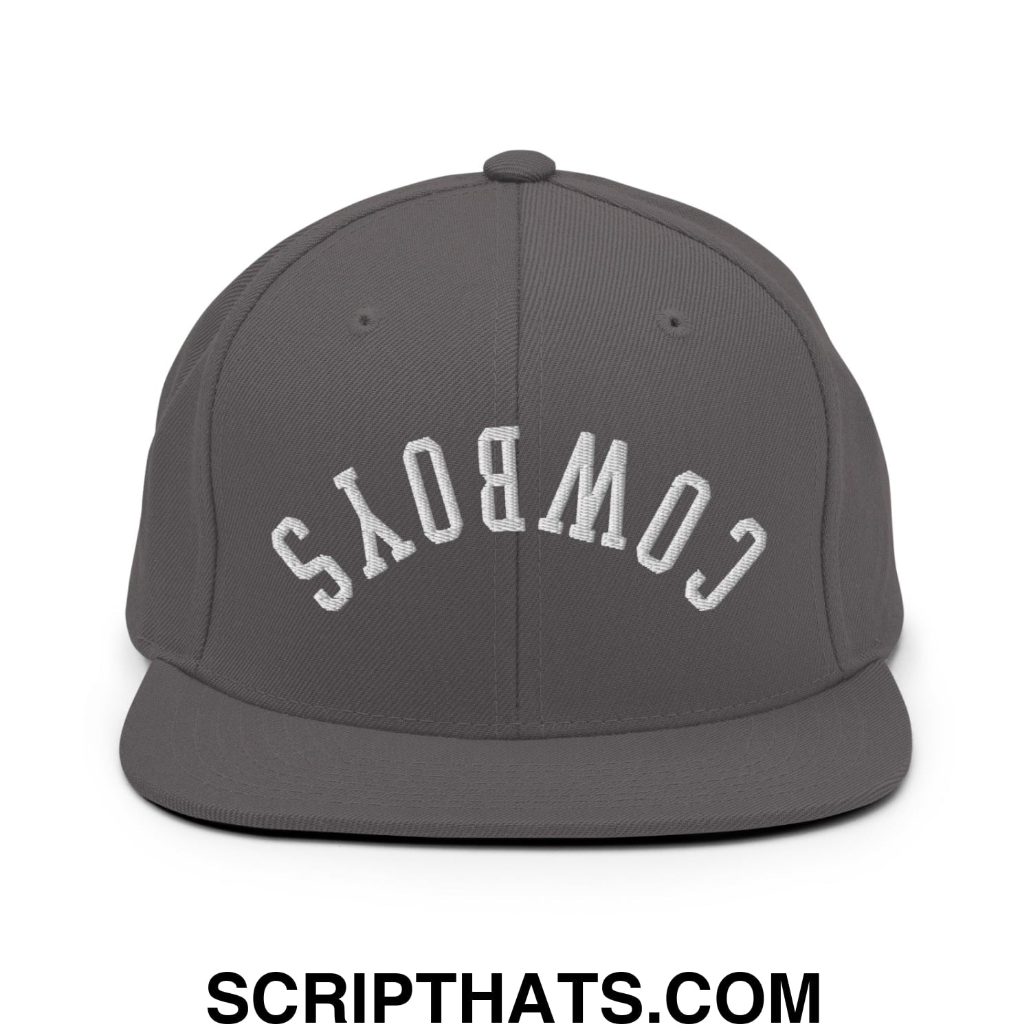 Gray snapback hat with upside down white embroidered cowboys lettering and flat bill brim design