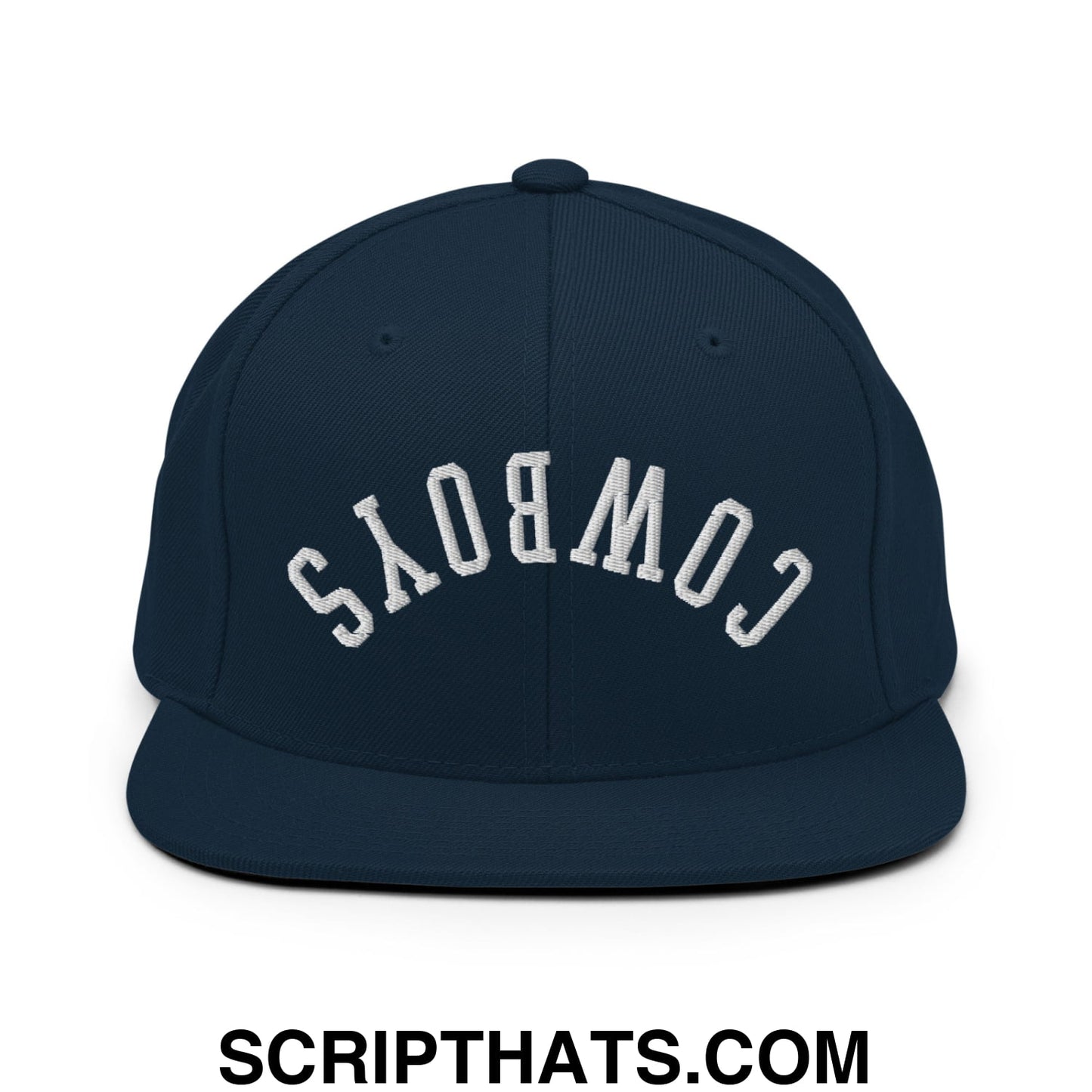 Navy blue snapback hat with white embroidered Cowboys lettering and flat bill brim in an upside down design