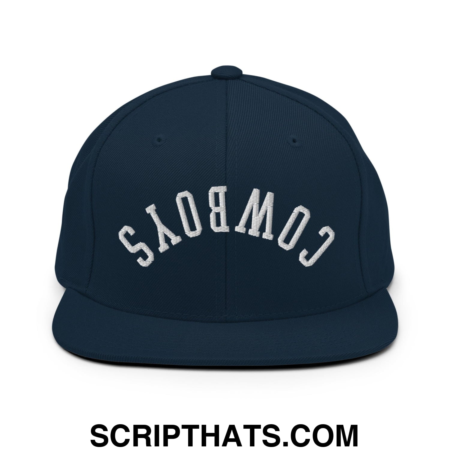 Navy blue snapback hat with white embroidered Cowboys lettering and flat bill brim in an upside down design