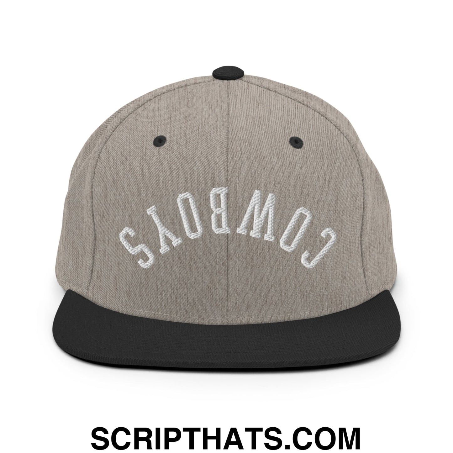 Gray and black snapback cap with white cowboys embroidered in arched lettering on flat bill brim