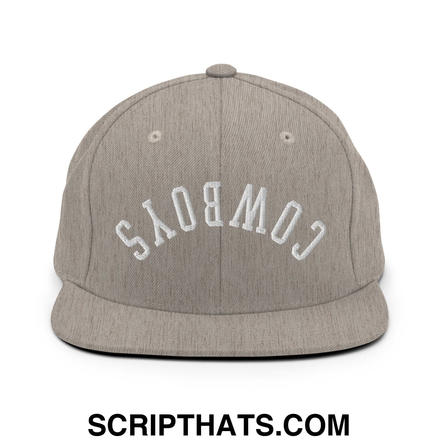 A gray heathered snapback hat with white embroidered Cowboys lettering and a flat bill brim