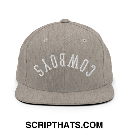 A gray heathered snapback hat with white embroidered Cowboys lettering and a flat bill brim
