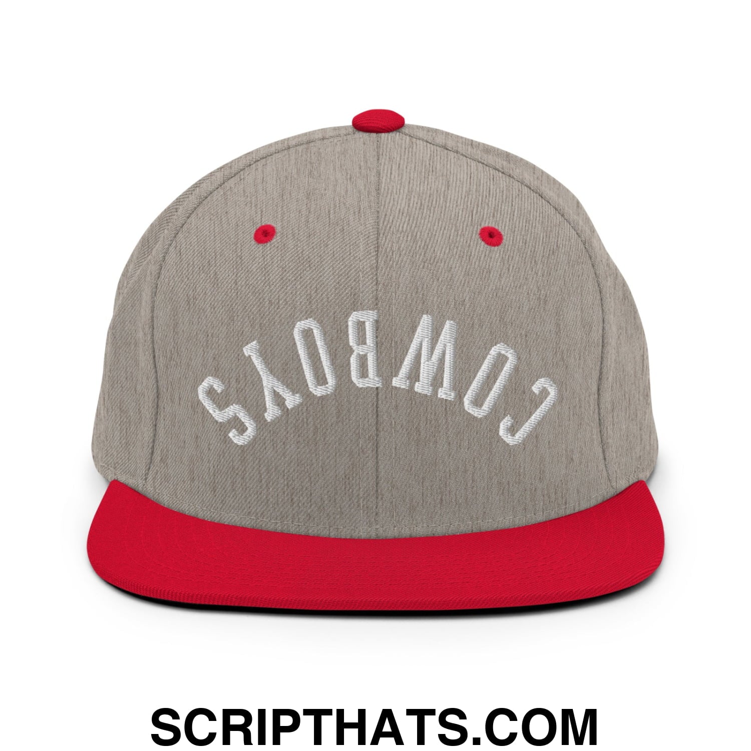 Gray and red snapback cap with white embroidered cowboys lettering and flat bill brim for casual wear