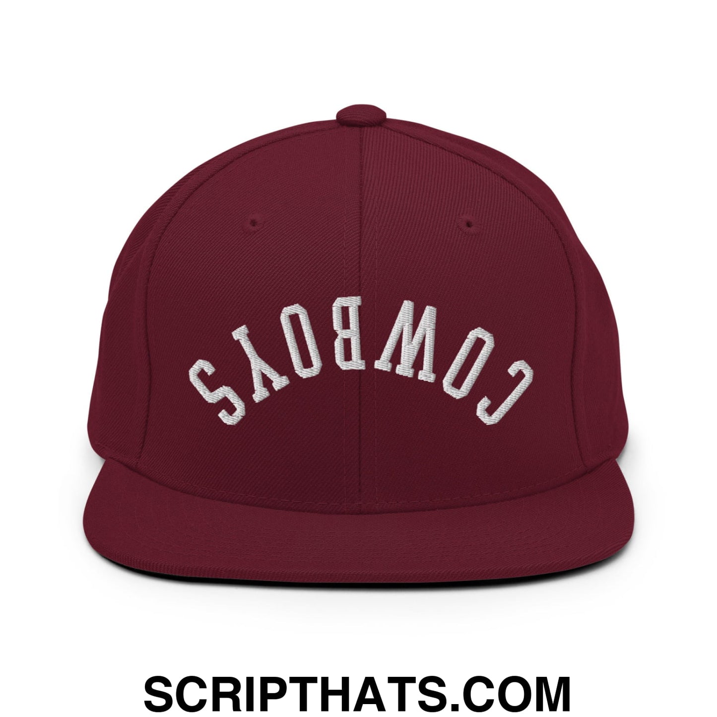 Maroon upside down cowboys embroidered flat bill brim snapback hat with white arched lettering