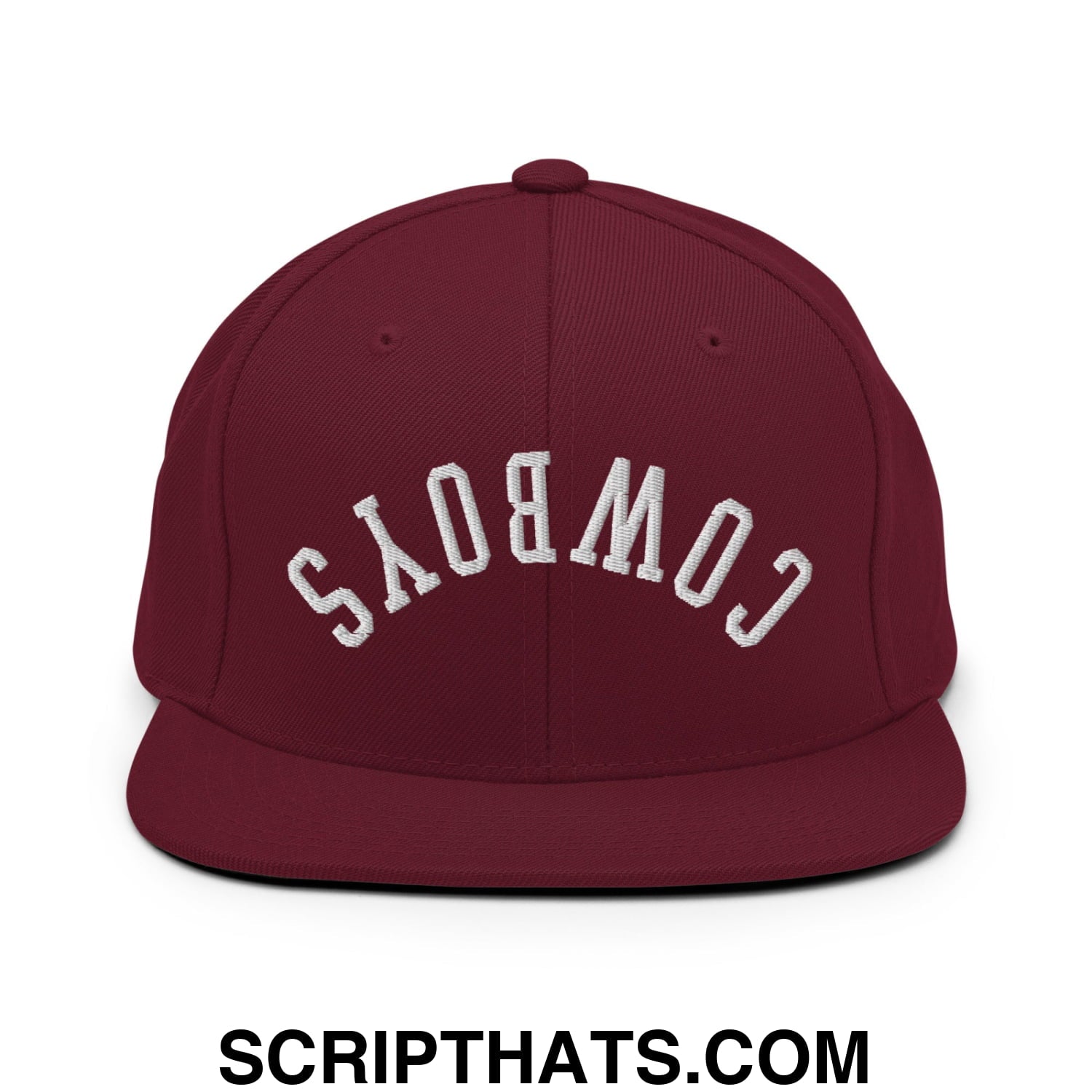 Maroon upside down cowboys embroidered flat bill brim snapback hat with white arched lettering