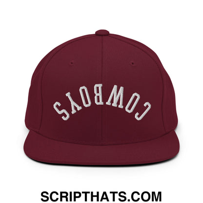 Maroon upside down cowboys embroidered flat bill brim snapback hat with white arched lettering