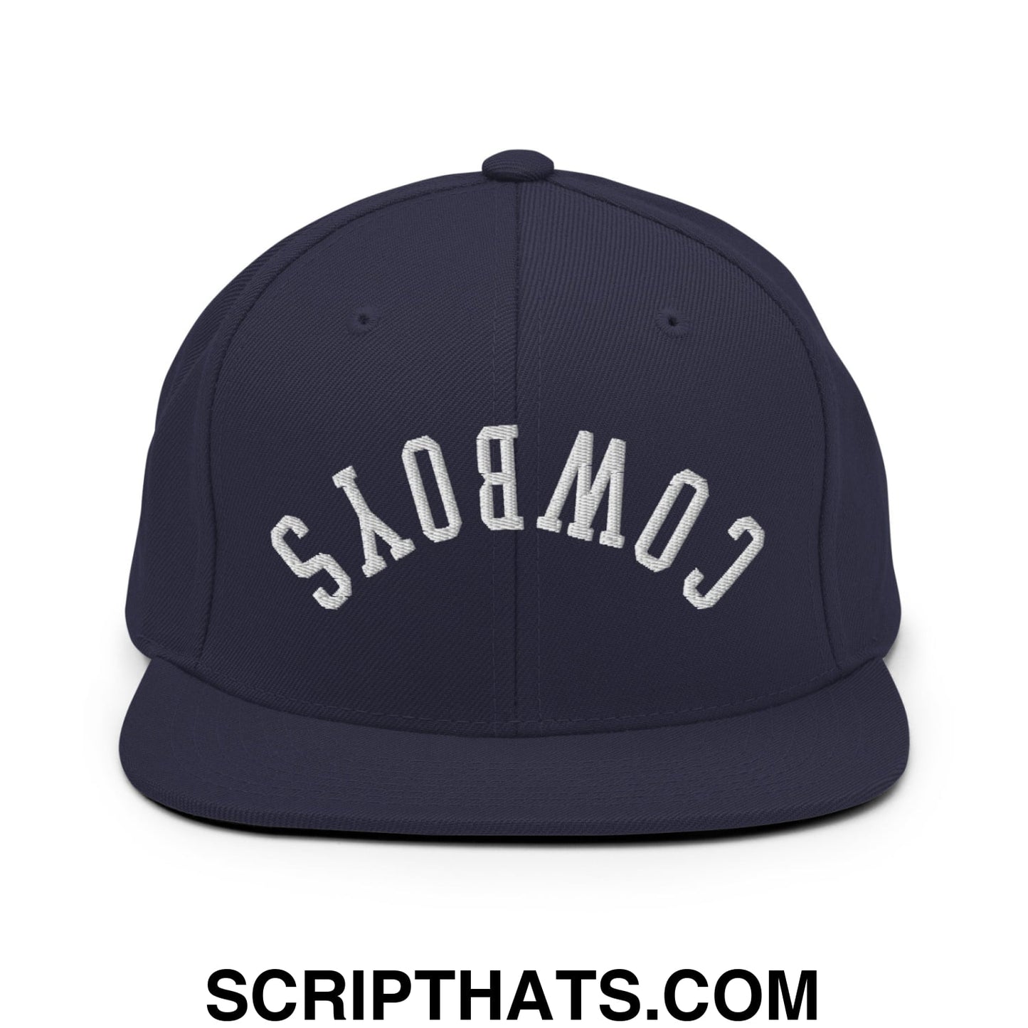 Navy blue snapback hat with white embroidered cowboys lettering and flat bill brim from upside down cowboys