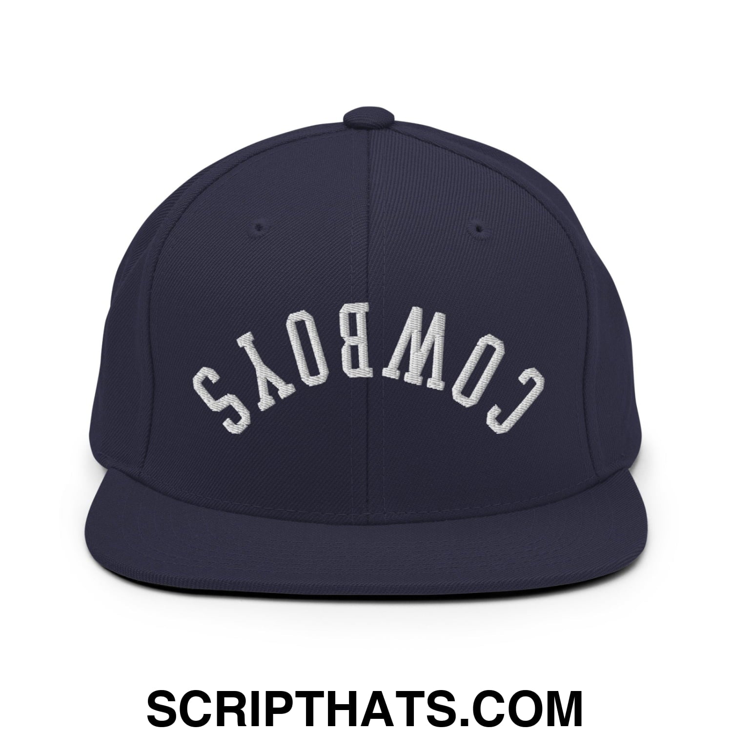Navy blue snapback hat with white embroidered cowboys lettering and flat bill brim from upside down cowboys