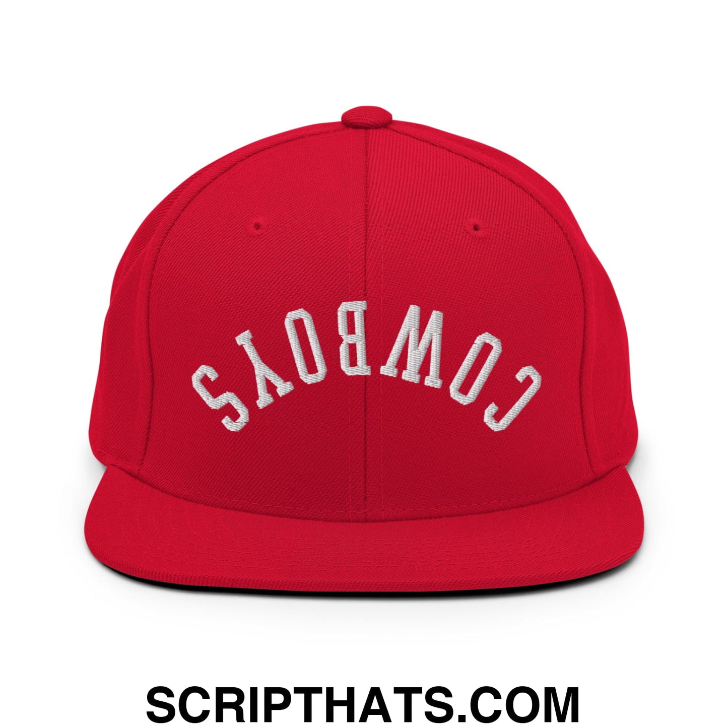Red snapback cap with white embroidered cowboys lettering in an arched design and flat bill brim