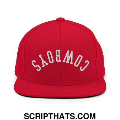 Red snapback cap with white embroidered cowboys lettering in an arched design and flat bill brim