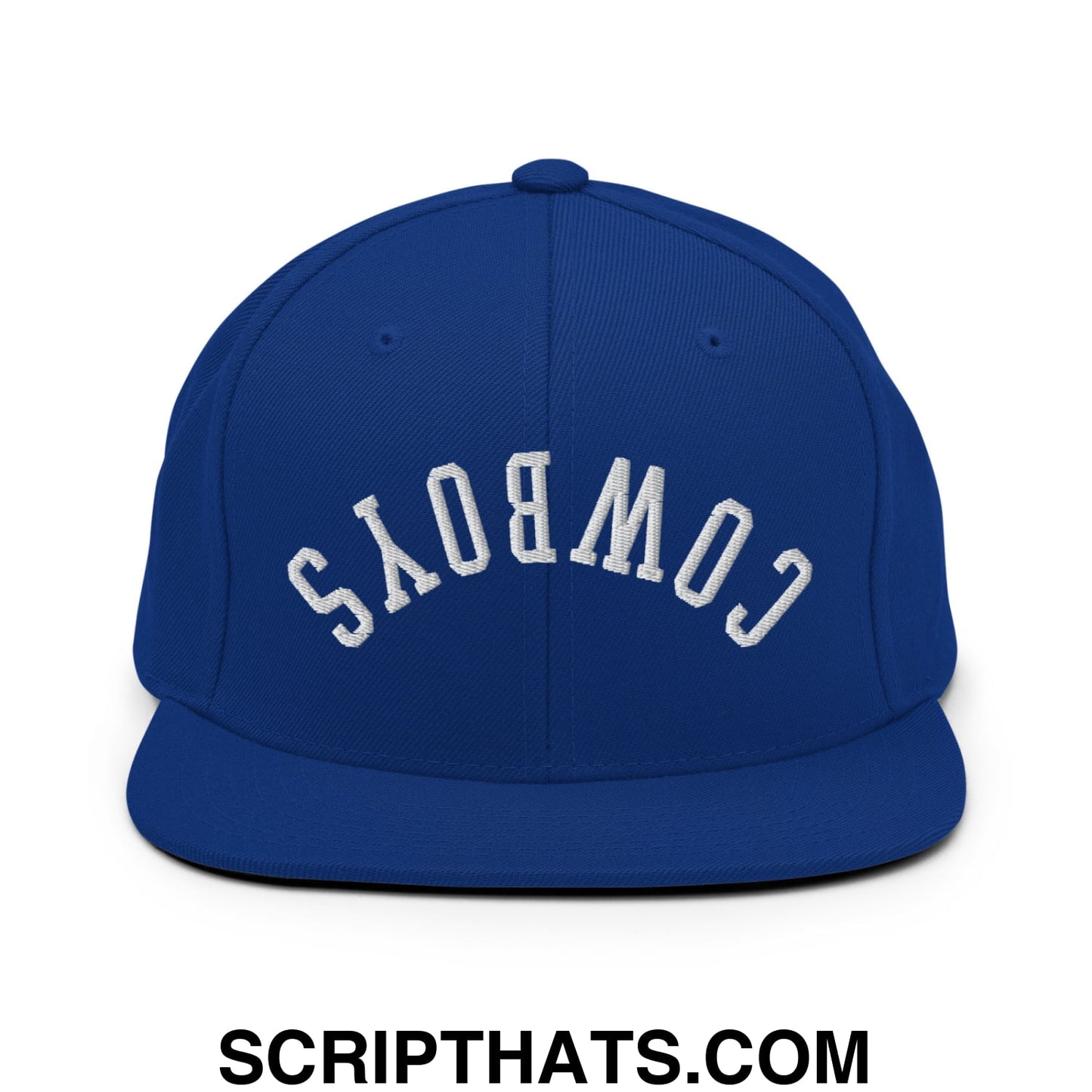 Royal blue snapback hat with white embroidered cowboys lettering and flat bill brim in upside down design