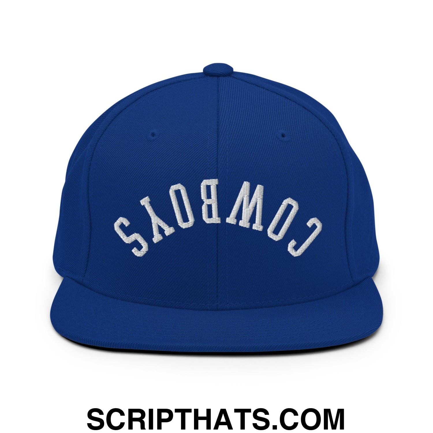Royal blue snapback hat with white embroidered cowboys lettering and flat bill brim in upside down design