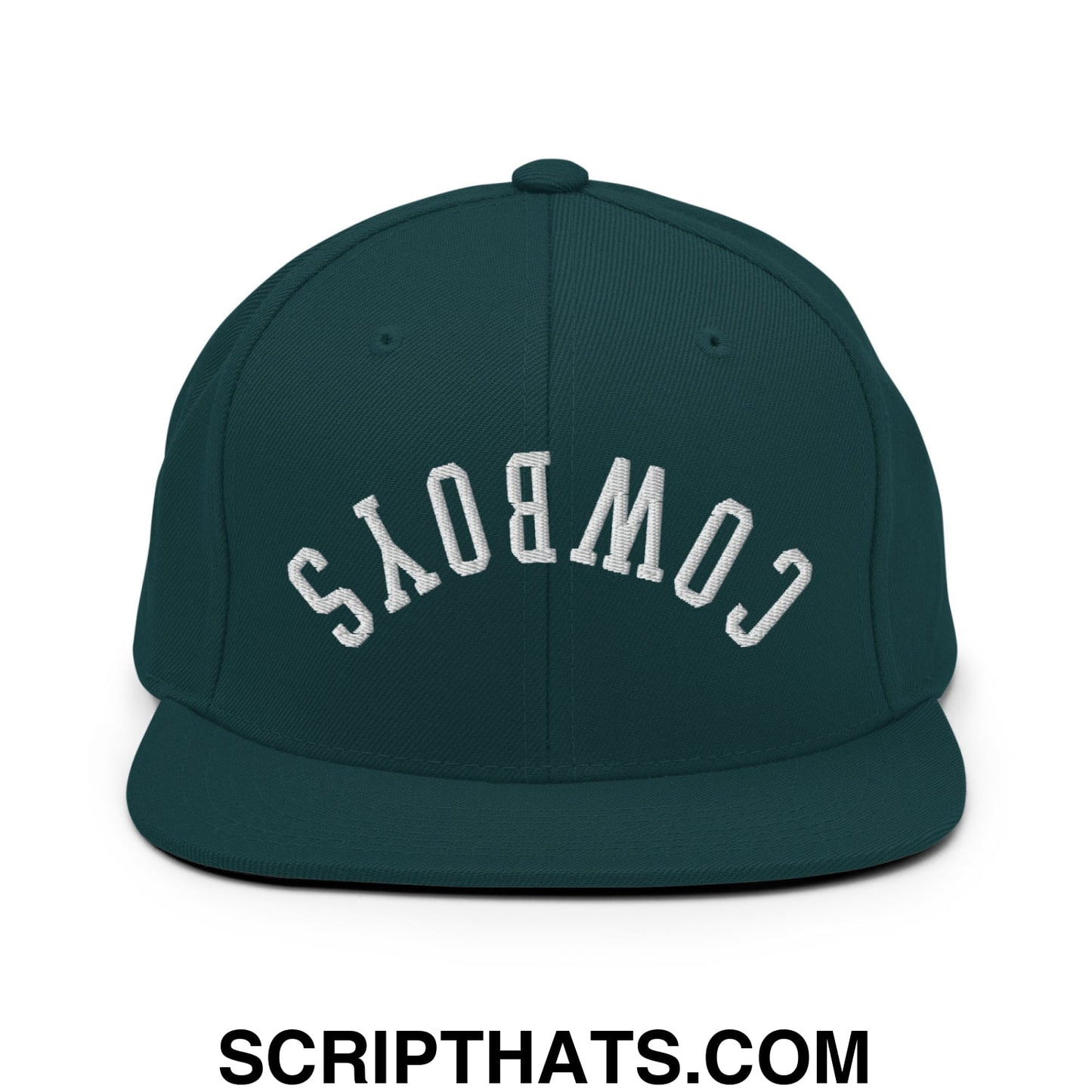 Dark green snapback cap with white embroidered cowboys lettering and flat bill brim perfect for casual wear