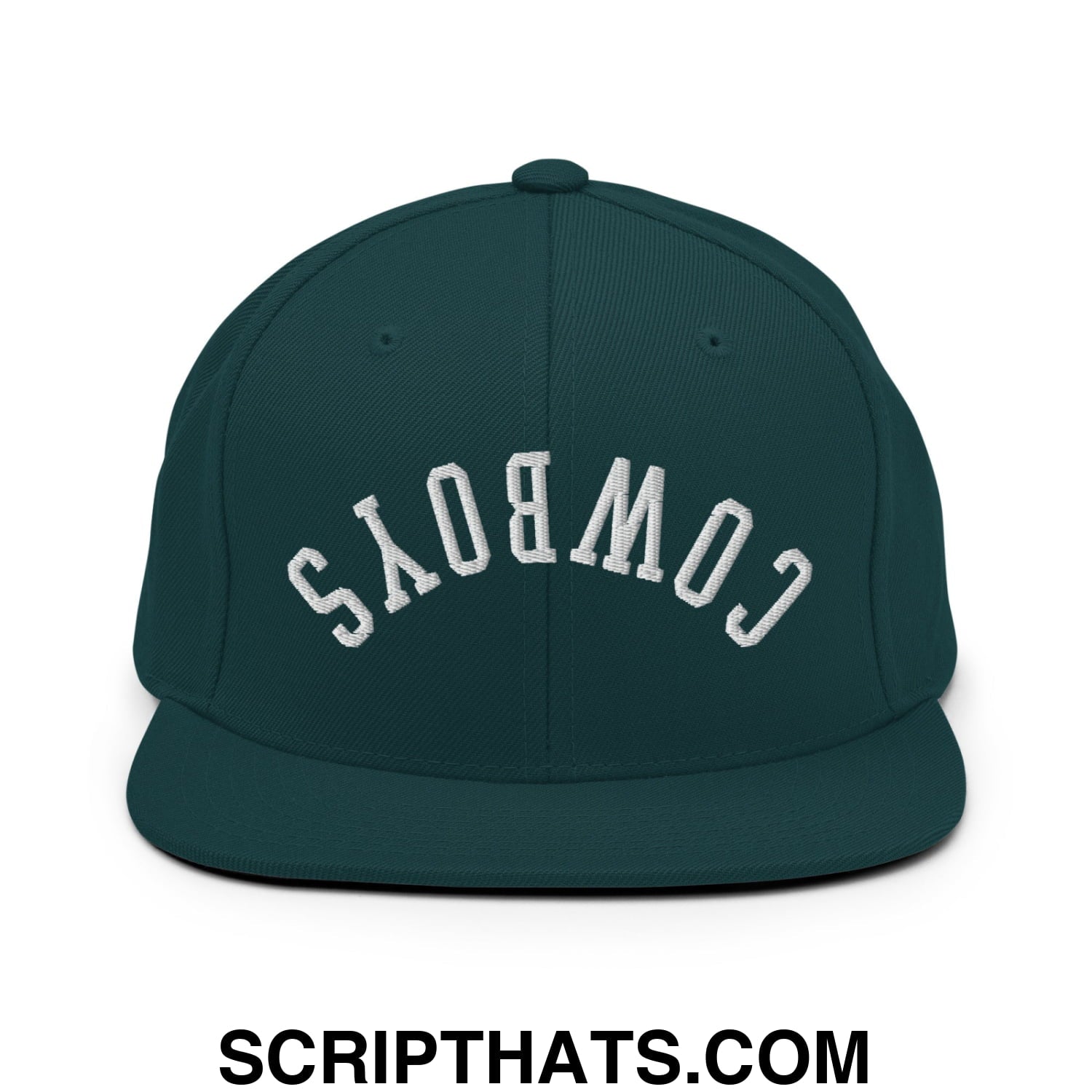 Dark green snapback cap with white embroidered cowboys lettering and flat bill brim perfect for casual wear