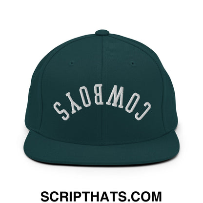 Dark green snapback cap with white embroidered cowboys lettering and flat bill brim perfect for casual wear