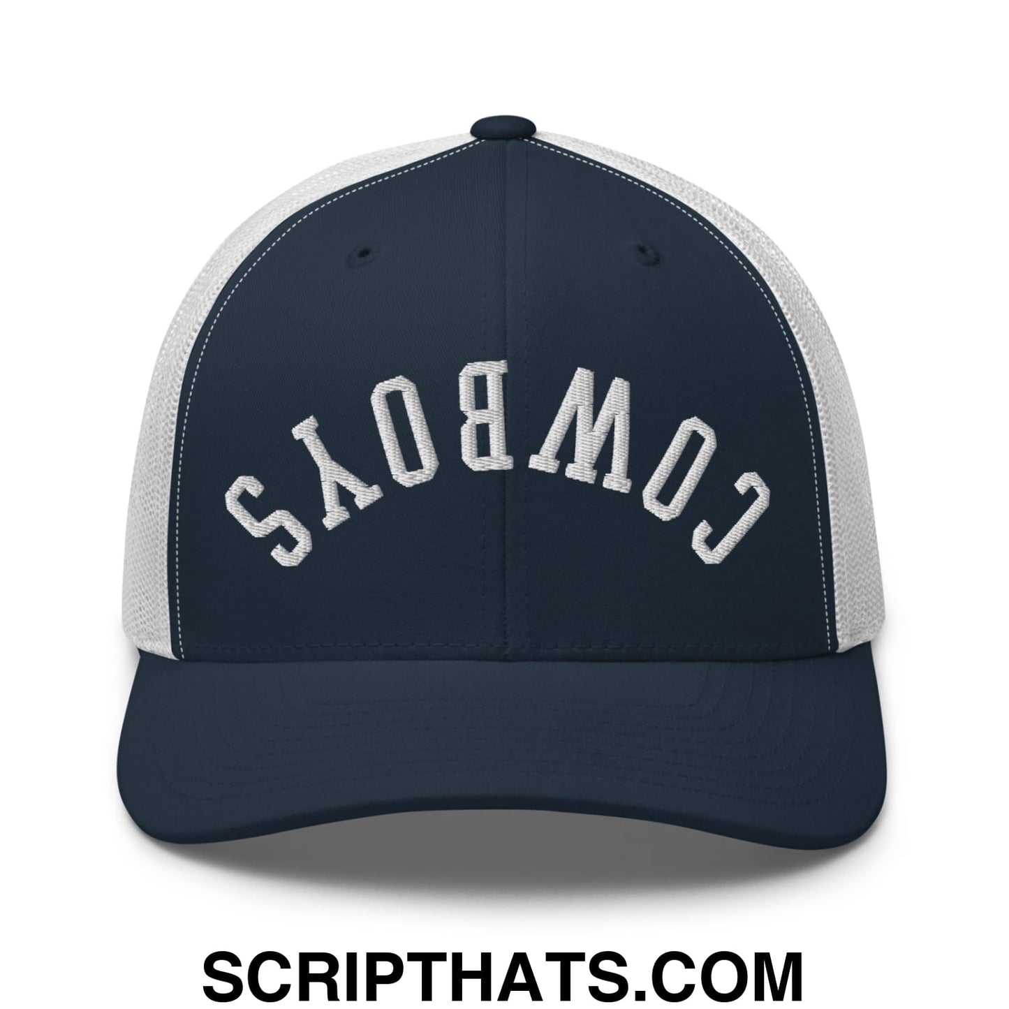 Upside Down Cowboys Embroidered Mesh Trucker Hat Navy White