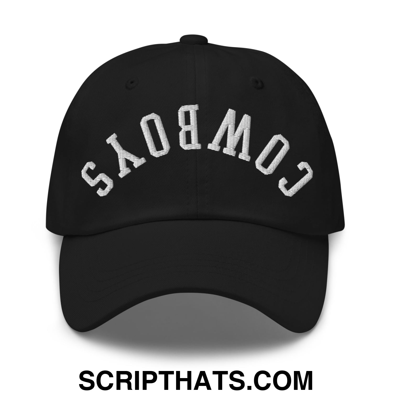 Black upside down cowboys embroidered unstructured dad hat with white arched lettering on the front