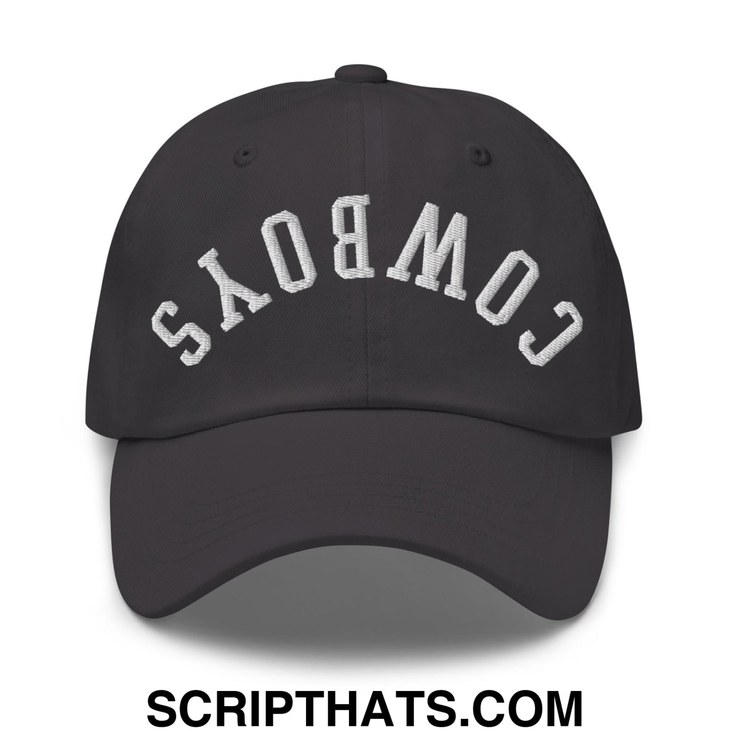 Black unstructured dad hat with white embroidered upside down cowboys lettering in an arched design