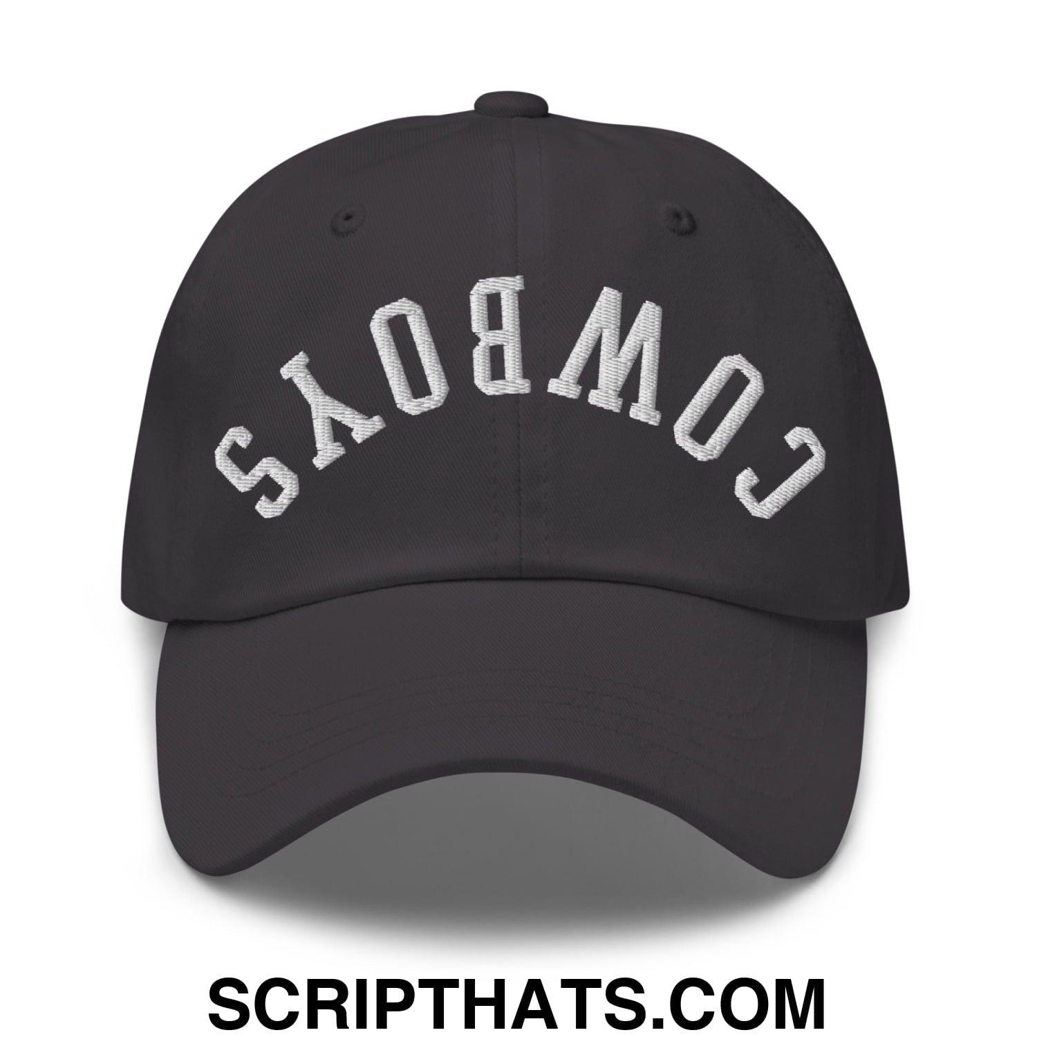 Black unstructured dad hat with white embroidered upside down cowboys lettering in an arched design