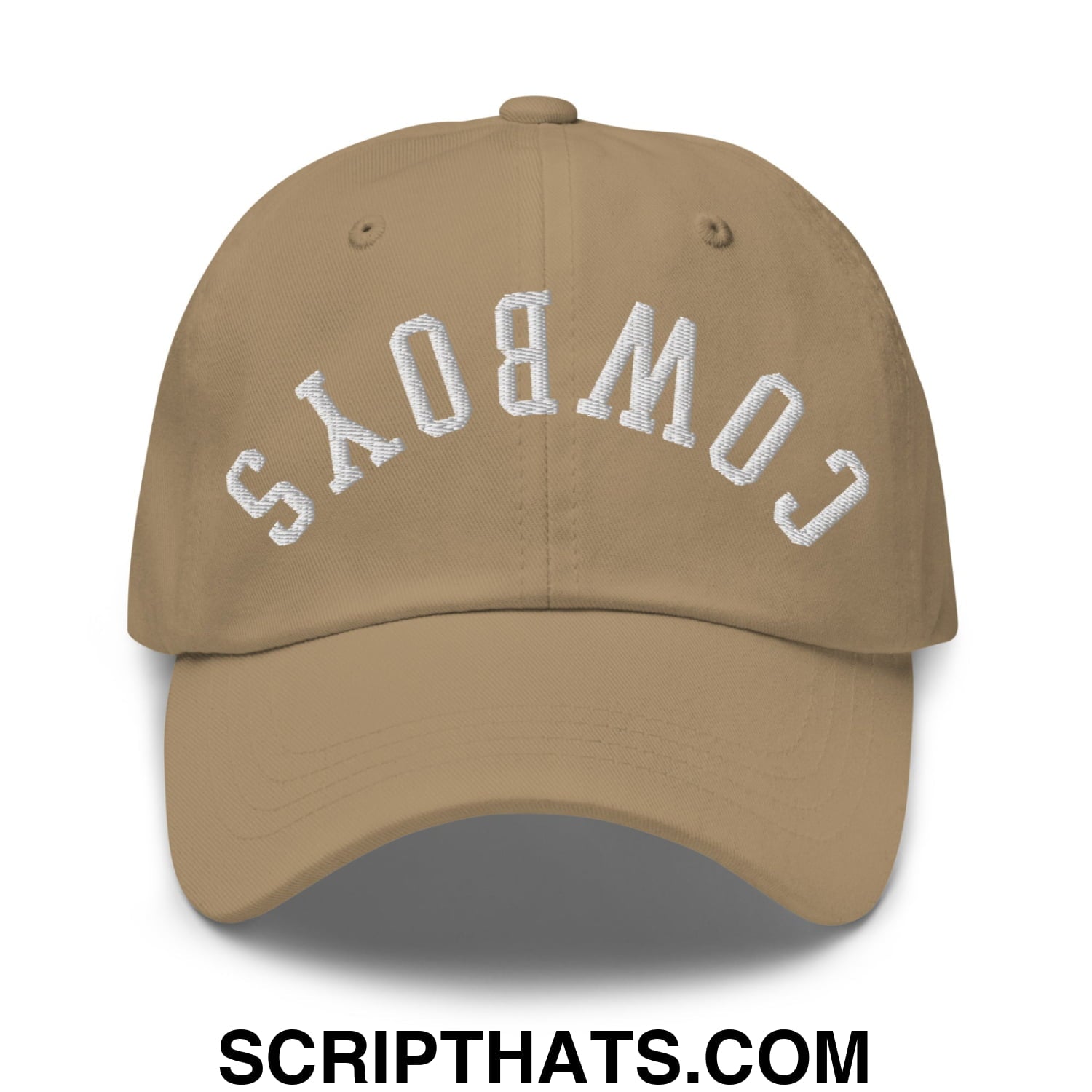 Tan unstructured dad hat with white embroidered cowboys lettering in an arched design Upside Down Cowboys model