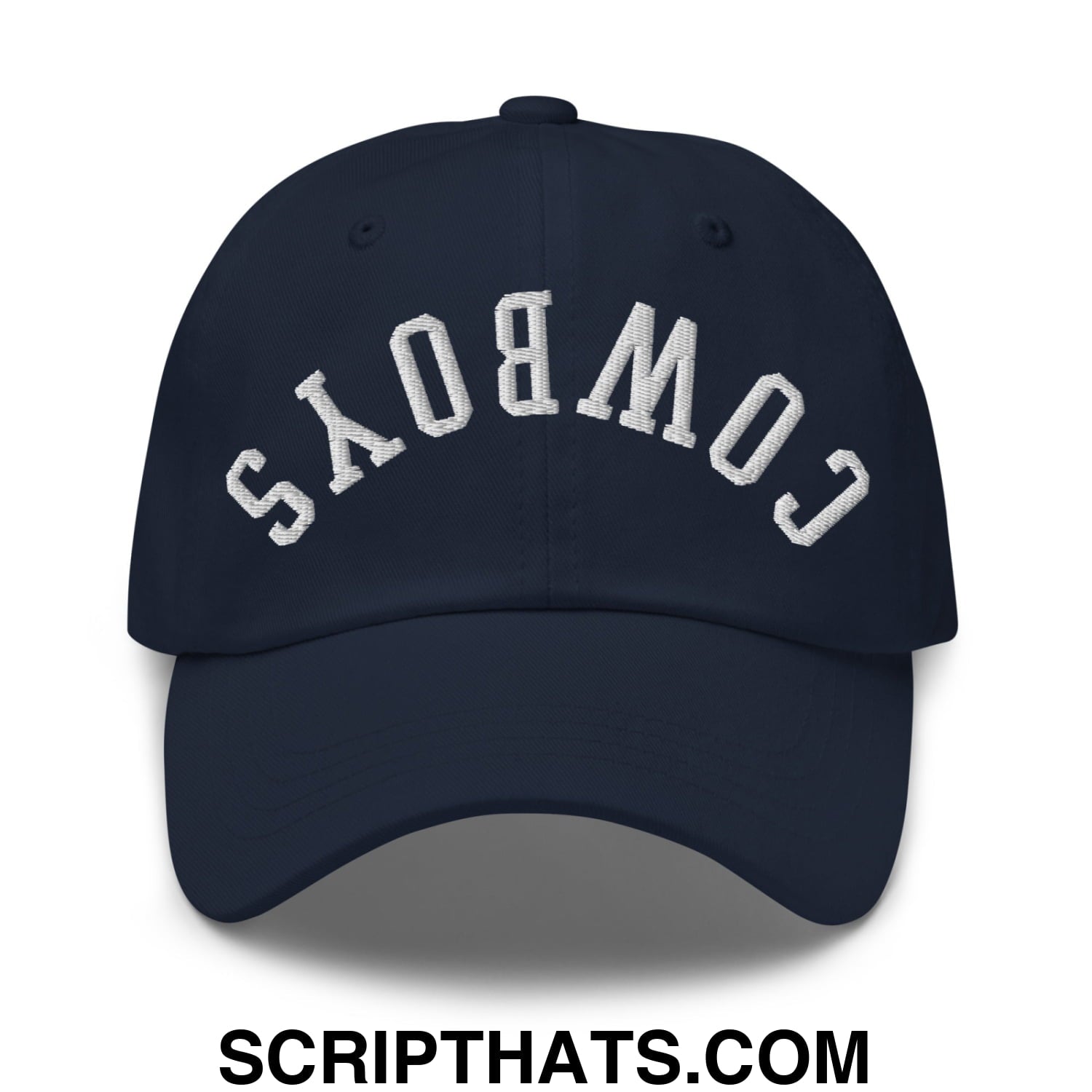 Navy blue unstructured dad hat with white embroidered upside down cowboys lettering in an arched design