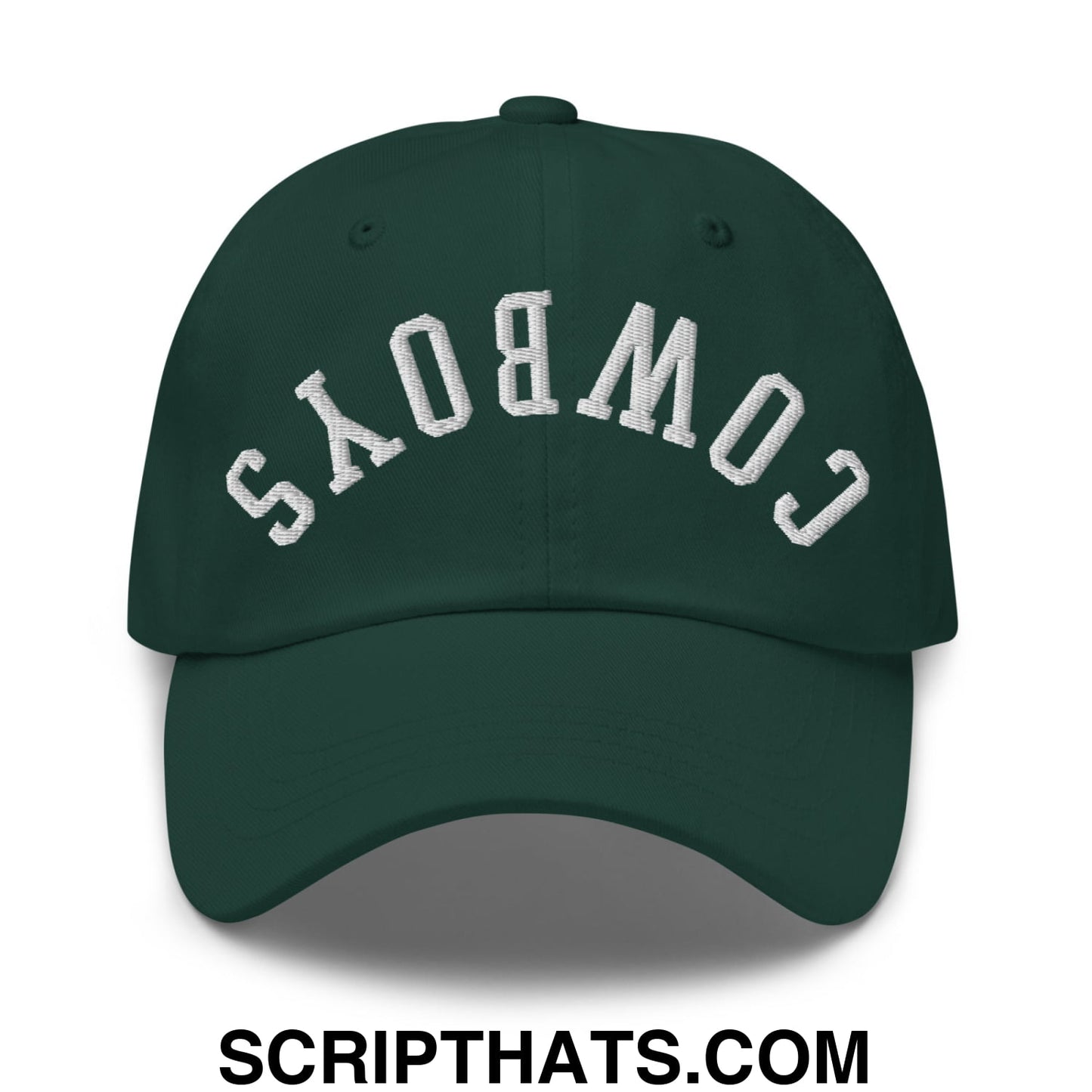 Dark green unstructured dad hat with white embroidered upside down cowboys lettering in an arched design