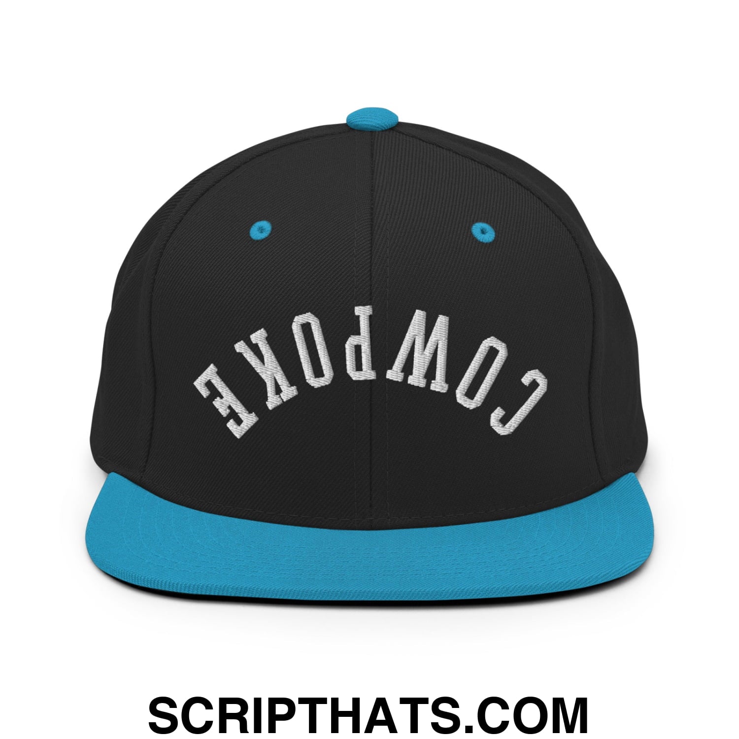 Black snapback hat with teal flat bill and button featuring white cowpoke embroidered lettering on front