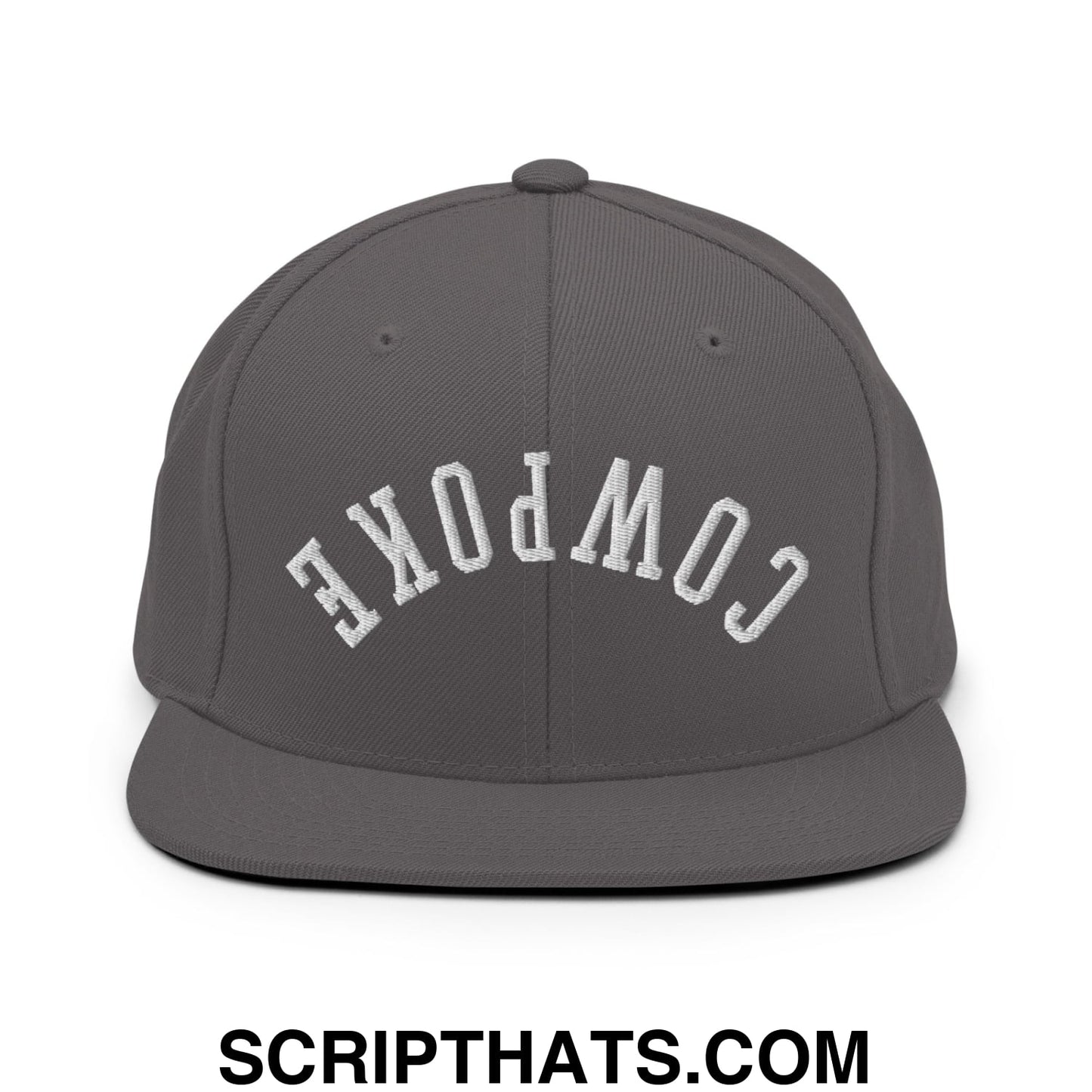 Gray flat bill snapback hat with white embroidered cowpoke lettering in an arched design and adjustable closure
