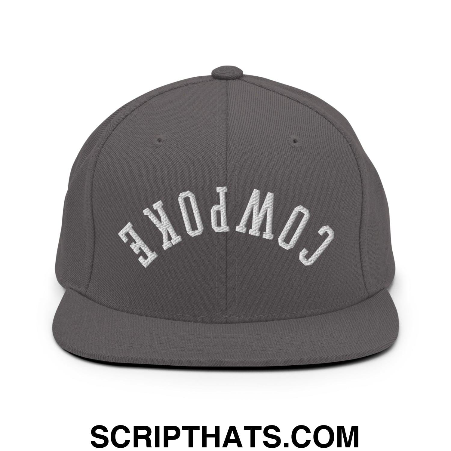 Gray flat bill snapback hat with white embroidered cowpoke lettering in an arched design and adjustable closure