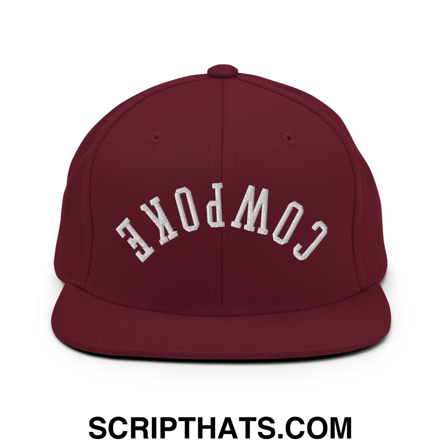 Maroon snapback cap with white embroidered cowpoke lettering and a flat bill brim for casual wear