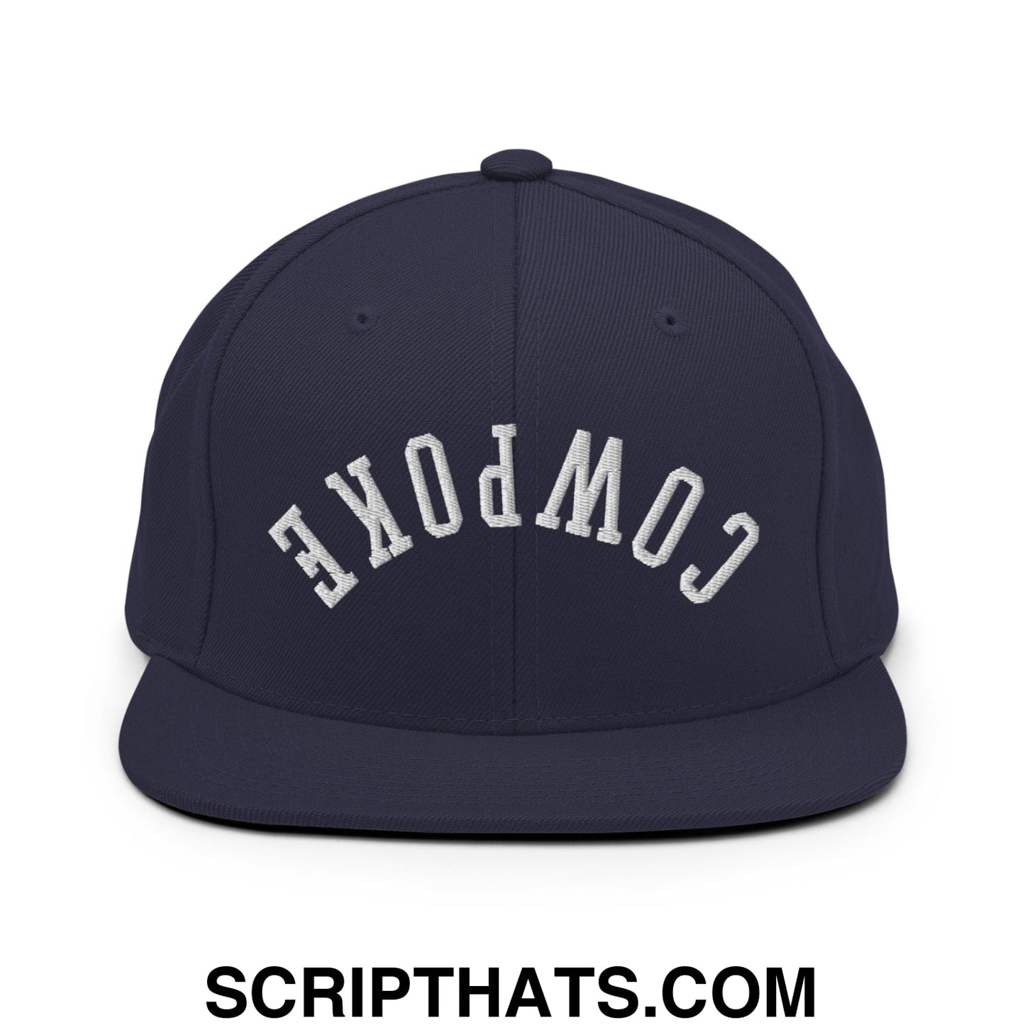 Navy blue snapback hat with white embroidered cowpoke lettering and flat bill brim for casual wear