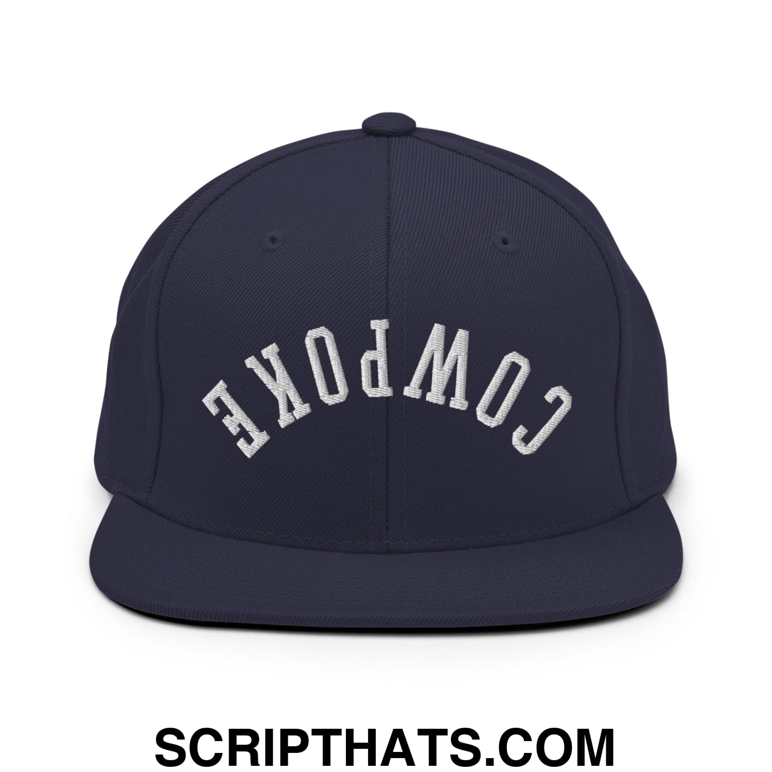 Navy blue snapback hat with white embroidered cowpoke lettering and flat bill brim for casual wear