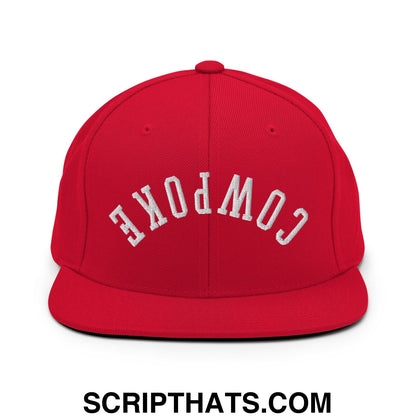 Red flat bill brim snapback hat with white embroidered cowpoke lettering in an arched design
